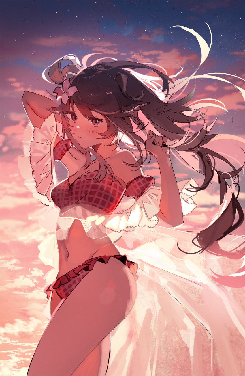 1girl, animal_ears, arknights, bikini, blush, breasts, brown_hair, cloud