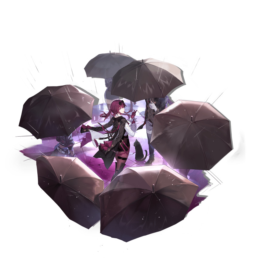 1boy, 3girls, 3others, belt, black_boots, black_cat, black_coat, black_jacket, black_skirt, black_thighhighs, black_umbrella, blade_(honkai:_star_rail), boots, cat, coat, coat_on_shoulders, cropped_jacket, eyewear_on_head, firefly_(honkai:_star_rail), firefly_(jepella_rebellion)_(honkai:_star_rail), full_body, game_cg, gloves, highres, honkai:_star_rail, honkai_(series), jacket, kafka_(honkai:_star_rail), knee_boots, long_hair, long_sleeves, looking_at_viewer, multiple_girls, multiple_others, non-web_source, official_art, pantyhose, parted_lips, pencil_skirt, purple_eyes, purple_gloves, purple_hair, purple_pantyhose, rain, red_hair, shirt, silver_wolf_(honkai:_star_rail), skirt, smile, solo_focus, stellaron_hunters_(honkai:_star_rail), teeth, thigh_strap, thighhighs, tinted_eyewear, transparent_background, umbrella, white_belt, white_gloves, white_shirt