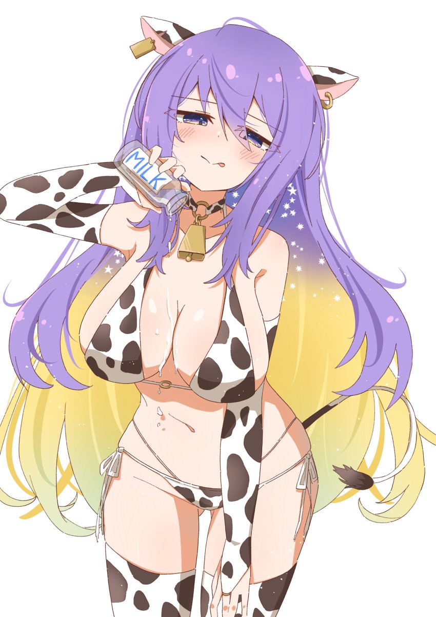 1girl, absurdres, animal_ears, animal_print, bell, bikini, blue_eyes, blush