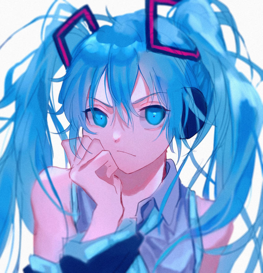1girl, absurdres, bare_shoulders, blue_eyes, blue_hair, closed_blue_(vocaloid), closed_mouth, film_grain, grey_background, hair_between_eyes, hatsune_miku, head_rest, highres, long_hair, looking_at_viewer, merukoodo, simple_background, solo, twintails, upper_body, vocaloid