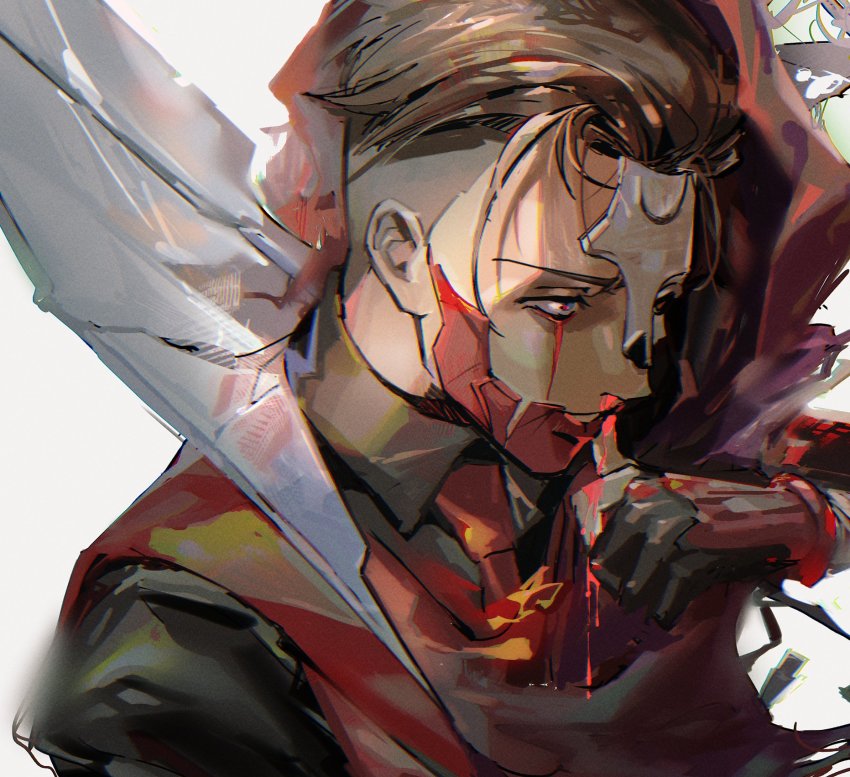 1boy, animification, apex_legends, black_shirt, blood, brown_eyes, brown_hair, classic_revenant