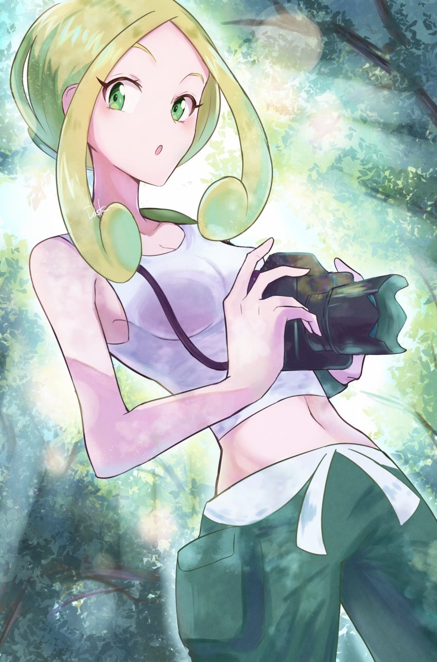 1girl, blonde_hair, branch, breasts, camera, crop_top, dusk_poke27, from_below