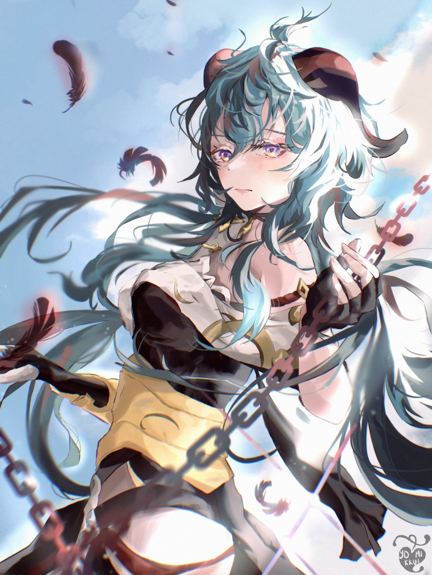 1girl, absurdres, asymmetrical_gloves, black_choker, black_gloves, blue_hair, blue_sky, china_dress, chinese_clothes, choker, closed_mouth, cloud, cloudy_sky, cosplay, crossover, dress, fingerless_gloves, ganyu_(genshin_impact), genshin_impact, gloves, herrscher_of_sentience, herrscher_of_sentience_(cosplay), highres, honkai_(series), honkai_impact_3rd, horns, looking_at_viewer, mihoyo, mismatched_gloves, outdoors, purple_eyes, sky, solo, white_gloves, yomi_(yayeyiyomi)