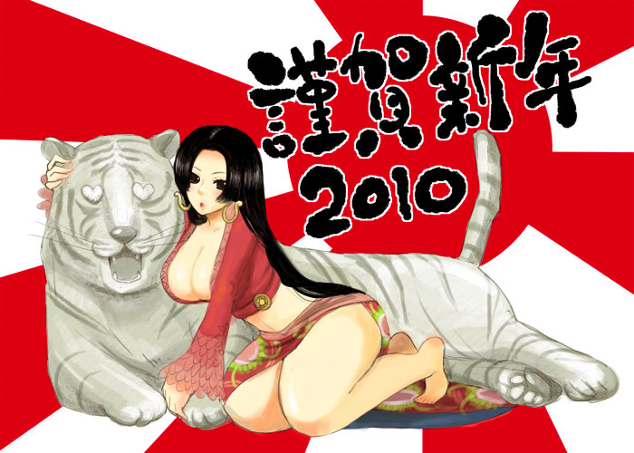 10s, 1girl, 2010, barefoot, black_hair, boa_hancock, breasts, cleavage, eeyasu, female_focus, japanese_flag, long_hair, one_piece, rising_sun_flag, solo, sunburst, tiger