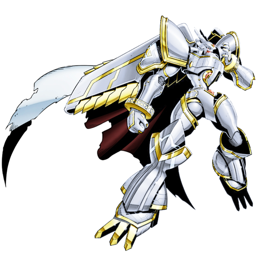 alphamon, alphamon_(battle_park), armor, cape, digicore, digimon, digimon_rearise, knight, simple_background, solo, white_background