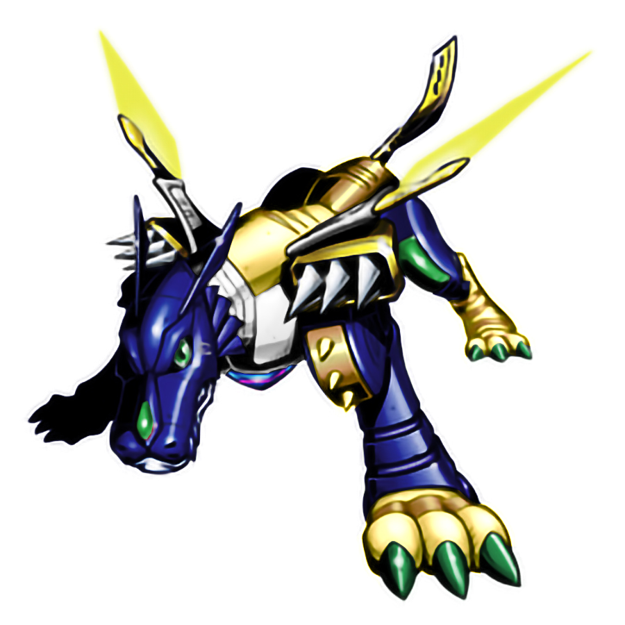 cyborg, digimon, digimon_rearise, green_eyes, metalgarurumon, metalgarurumon_(story_climax_anniversary_ver.), solo, spikes