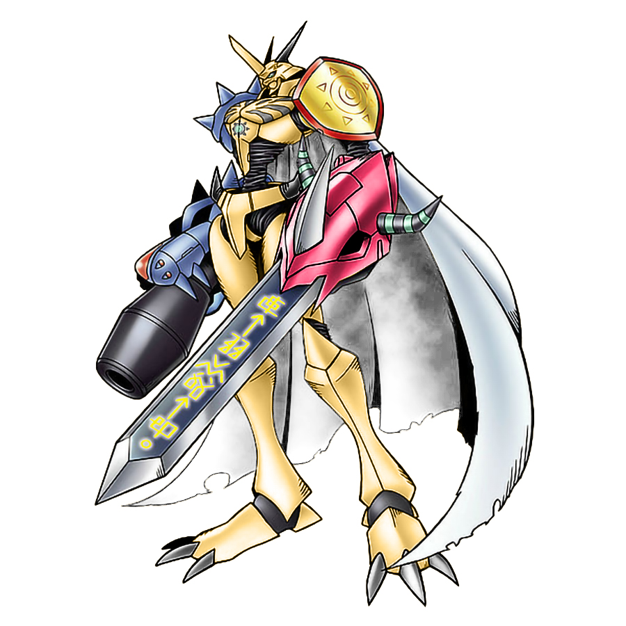 cannon, cape, claws, crests_(digimon), digimon, digimon_rearise, horns, omegamon, omegamon_(battle_park), spikes