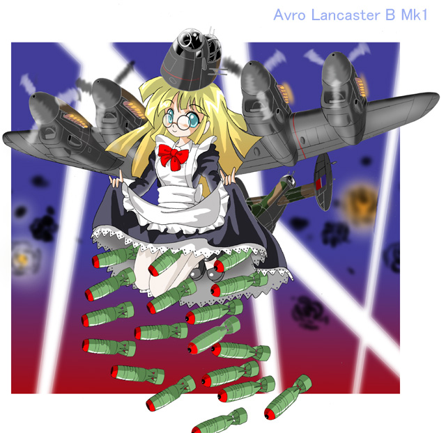 1girl, aerial_bomb, aircraft, airplane, avro, avro_lancaster, blonde_hair, blue_eyes
