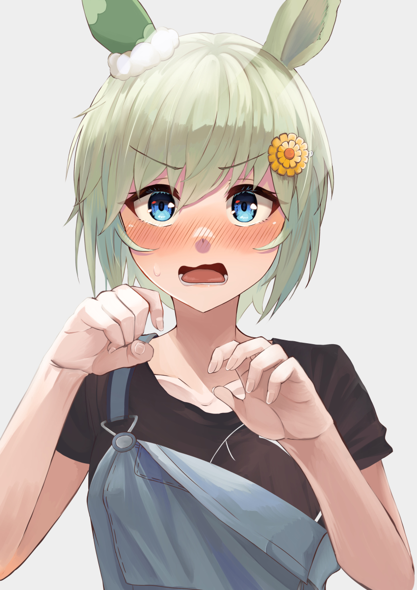 1girl, absurdres, alternate_costume, black_shirt, blue_eyes, blush, collarbone, embarrassed