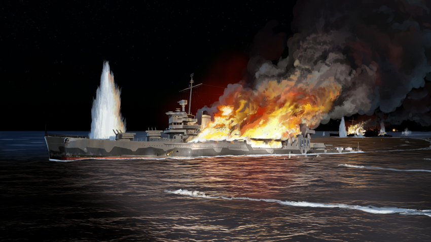 absurdres, battle, cruiser, fire, highres, historical_event, military, military_vehicle, mo_yu_de_jiaozi, naval_battle, night, no_humans, original, ship, ship_turret, smoke, smoke_trail, splashing, united_states_navy, uss_astoria_(ca-34), uss_quincy_(ca-39), warship, water, watercraft, world_war_ii