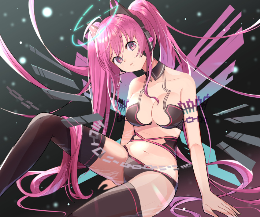 1girl, bemani, bikini, black_bikini, black_collar, black_thighhighs, breasts, collar