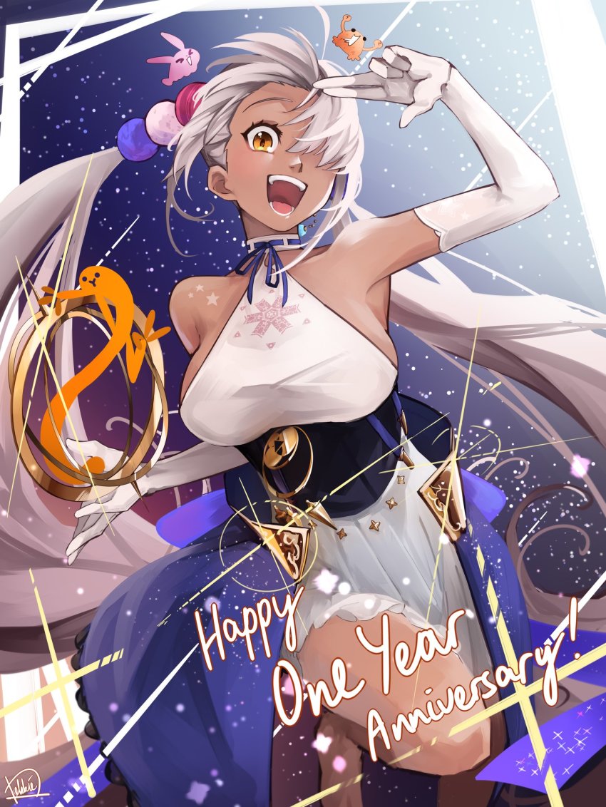 1girl, anniversary, blonde_hair, breasts, dark-skinned_female, dark_skin, debbie_(user_uapu3455), elbow_gloves