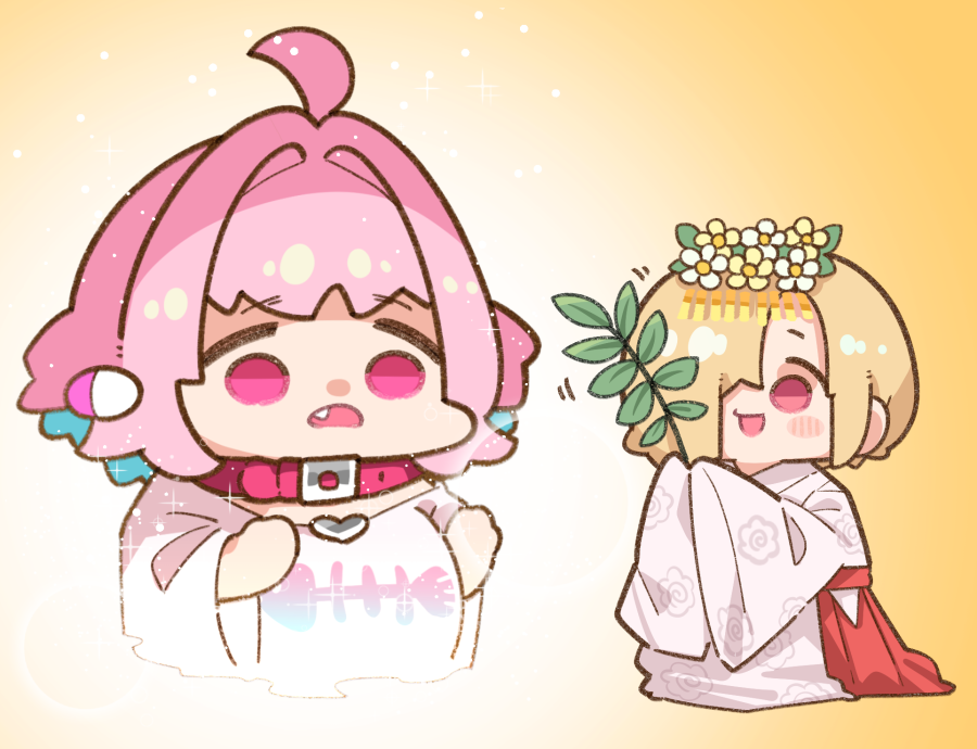 2girls, ahoge, animal_print, blonde_hair, blue_hair, blush_stickers, breasts, chibi