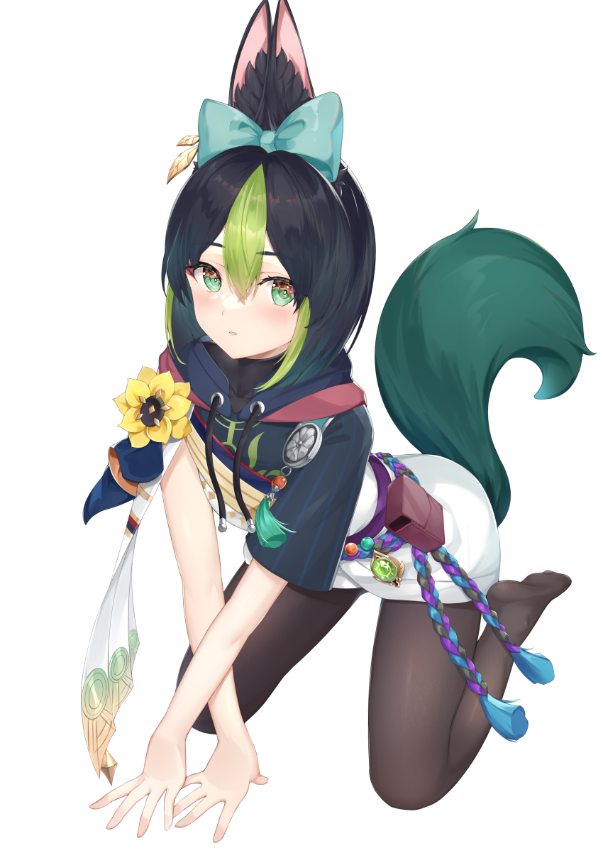1girl, absurdres, animal_ear_fluff, animal_ears, black_hair, black_shirt, blue_bow, blunt_ends
