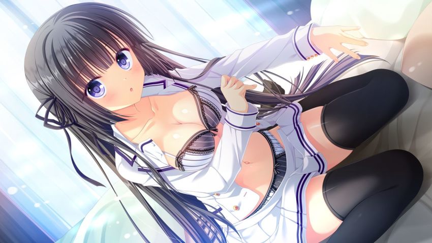 1girl, bed_sheet, black_hair, black_ribbon, black_thighhighs, blue_eyes, blunt_bangs, blush