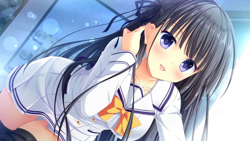 1girl, :d, adjusting_hair, black_hair, black_ribbon, black_thighhighs, blue_eyes, blush