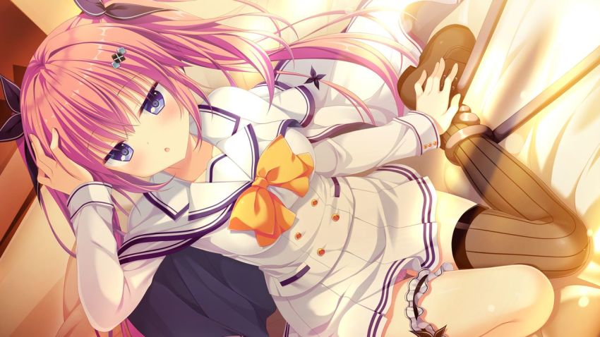 1girl, :o, black_bow, black_thighhighs, blue_eyes, bow, bowtie, capelet