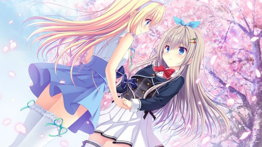 2girls, black_bow, blonde_hair, blue_bow, blue_eyes, blue_hairband, blue_skirt, bow