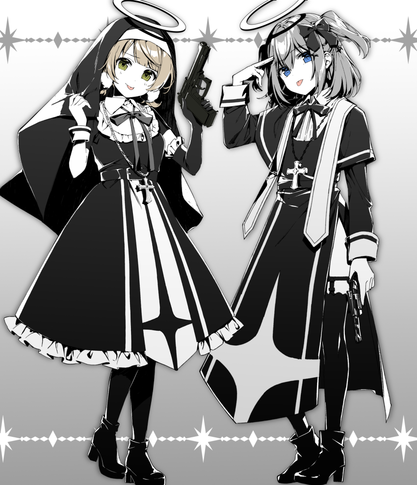 1boy, 1girl, beretta_92, blunt_bangs, boots, collared_shirt, dress, frills