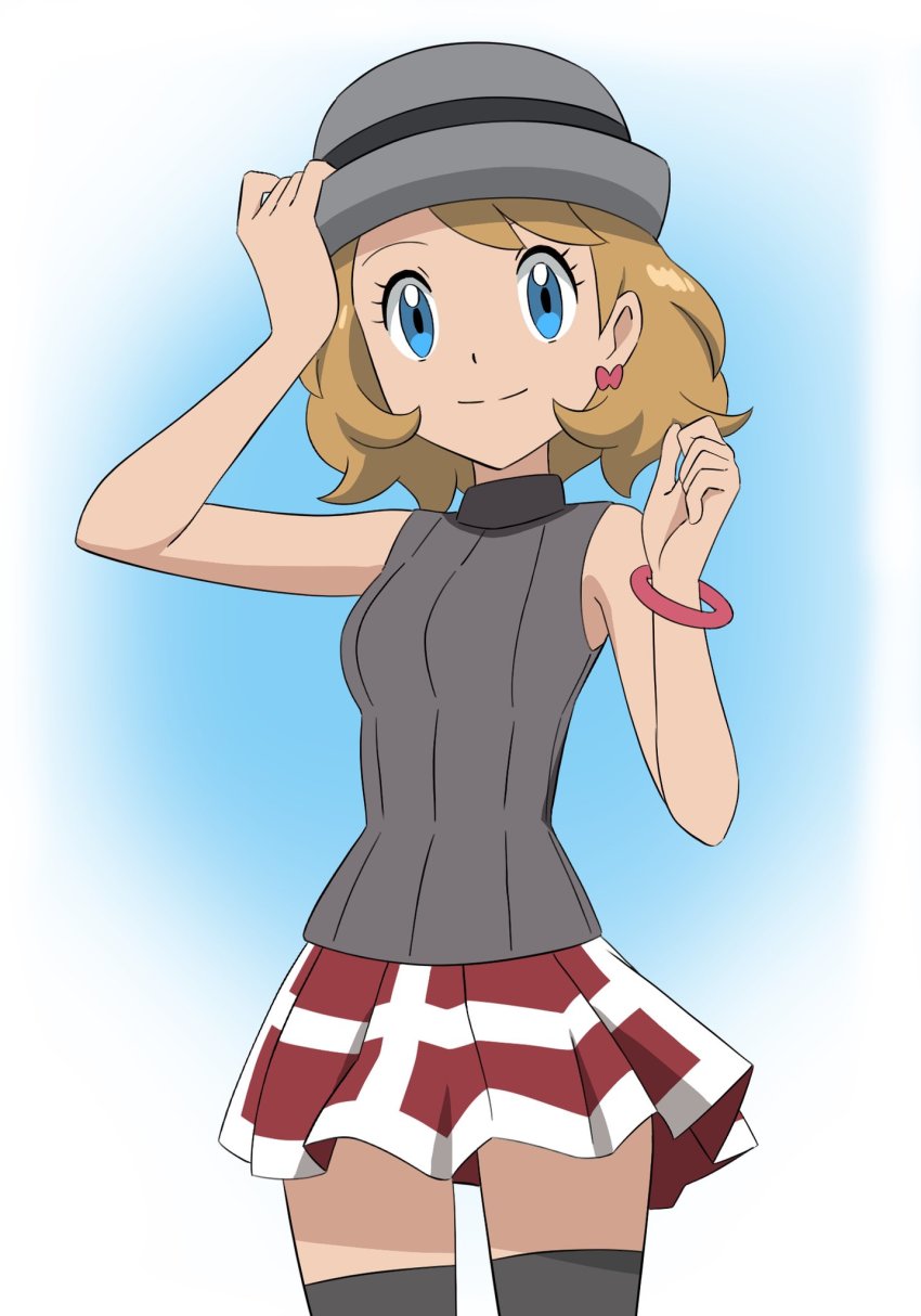 1girl, anime_coloring, blue_eyes, bracelet, closed_mouth, commentary_request, earrings, eyelashes, grey_hat, grey_vest, hand_on_headwear, hands_up, hat, highres, ia_(ilwmael9), jewelry, medium_hair, nintendo, pokemon, pokemon_(anime), pokemon_journeys, pokemon_swsh105, red_skirt, serena_(pokemon), skirt, smile, solo, split_mouth, sweater_vest, thighhighs, vest