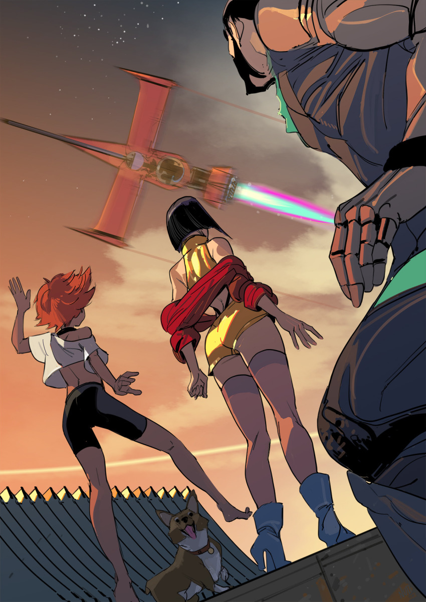 2girls, ass, barefoot, beard, cloud, cloudy_sky, cowboy_bebop, dark-skinned_female, dark_skin, dog, edward_wong_hau_pepelu_tivrusky_iv, ein_(cowboy_bebop), facial_hair, faye_valentine, highres, jet_black, looking_up, lorenzo_nuti, multiple_girls, orange_hair, prosthesis, prosthetic_arm, science_fiction, sky, star_(sky), swordfish_ii, tongue, tongue_out, white_footwear