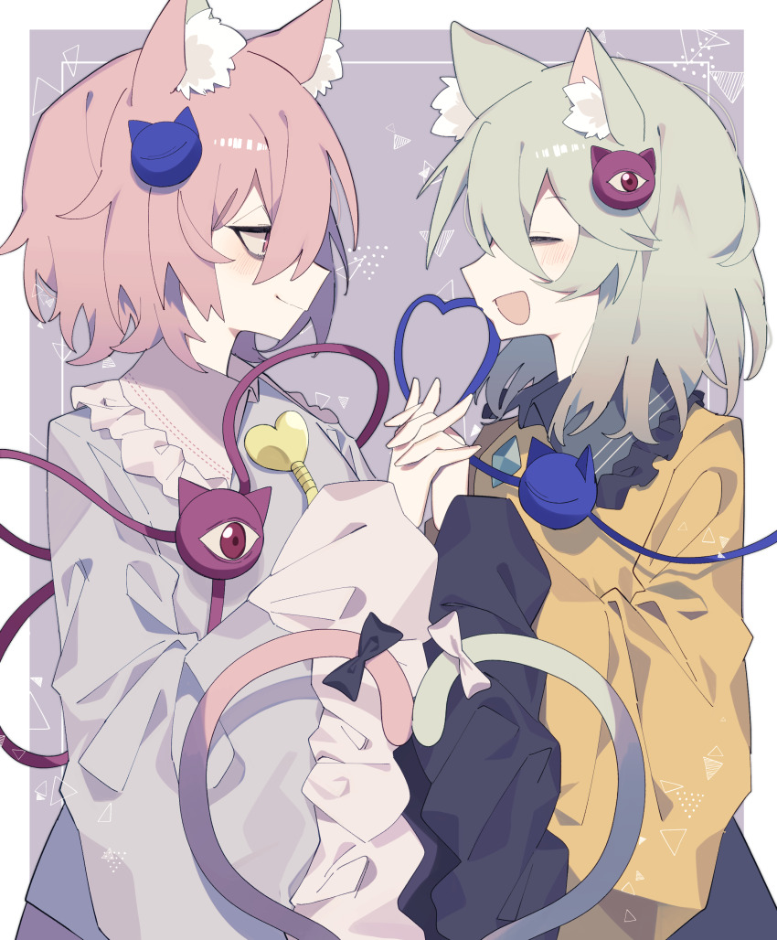 2girls, :d, absurdres, animal_ear_fluff, animal_ears, black_bow, blouse, blue_shirt