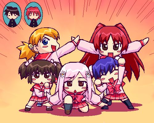 2boys, 5girls, :d, black_legwear, blonde_hair, blue_eyes, blush_stickers, brown_eyes