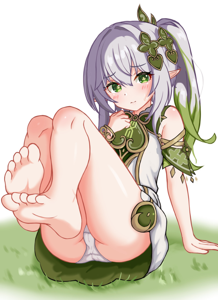 1girl, ass, barefoot, blush, cameltoe, dress, feet, female_focus