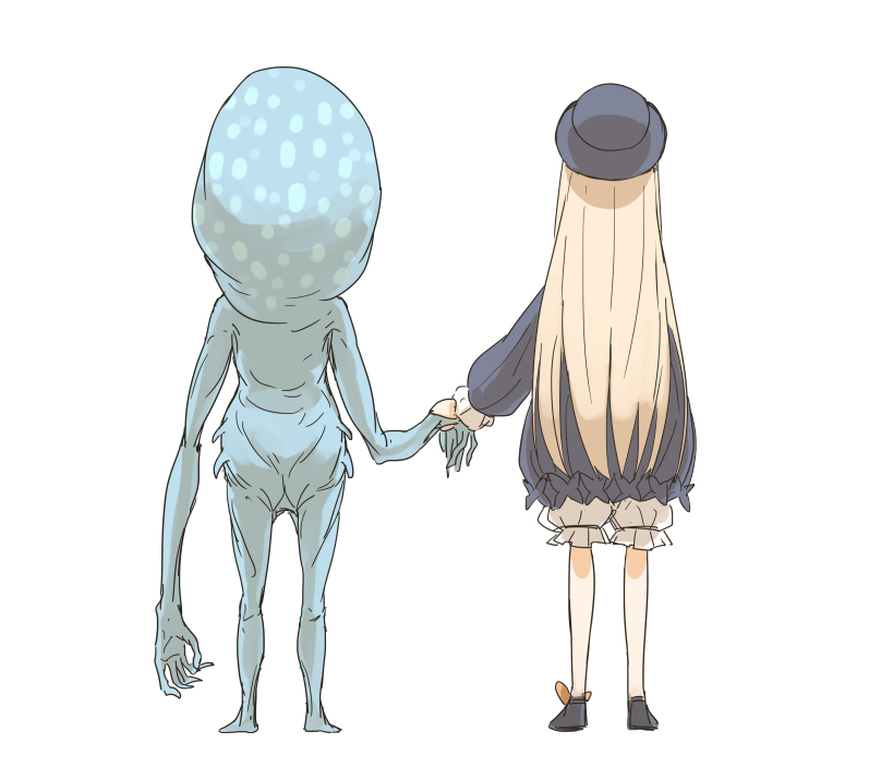 1girl, 1other, abigail_williams_(fate), abigail_williams_(first_ascension)_(fate), black_dress, black_headwear, blonde_hair, bloodborne, blue_skin, celestial_minion, colored_skin, creature, crossover, dress, facing_away, fate/grand_order, fate_(series), from_behind, hat, holding_hands, kankan33333, long_hair, long_sleeves, simple_background, white_background