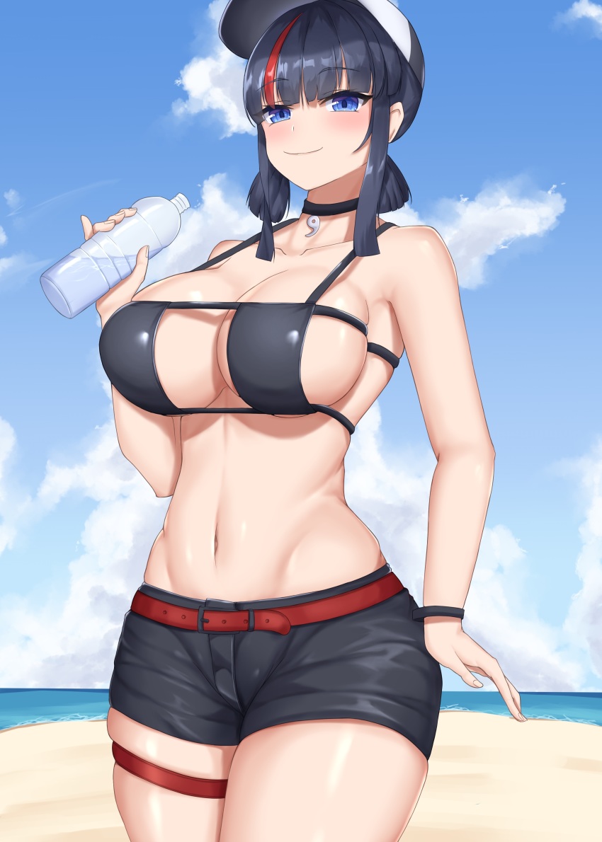 1girl, absurdres, bare_shoulders, baseball_cap, beach, bikini, black_bikini, black_hair, black_shorts, blue_eyes, blue_sky, blush, bottle, breasts, choker, cleavage, collarbone, eyepatch_bikini, fate/grand_order, fate_(series), hat, highres, innertube, large_breasts, looking_at_viewer, low_twintails, medium_hair, multicolored_hair, navel, pink_hair, sharen, short_shorts, short_twintails, shorts, sideboob, sidelocks, skindentation, sky, smile, solo, stomach, streaked_hair, swim_ring, swimsuit, thigh_strap, thighs, twintails, utsumi_erice, utsumi_erice_(swimsuit_avenger)_(first_ascension), water_bottle, white_hat