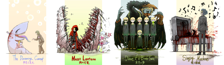 :d, absurdres, blood, blue_hair, dream_of_a_black_swan, employee_(project_moon), formal_clothes, grey_jacket, grey_pants, grey_suit, highres, holding, holding_wand, horror_(theme), jacket, kankan33333, little_red_riding_hooded_mercenary, lobotomy_corporation, long_sleeves, magical_girl, meat_lantern_(project_moon), monster, nugget_(project_moon), open_mouth, original, pants, project_moon, queen_of_hatred, sharp_teeth, singing_machine, smile, spoilers, star_wand, suit, teeth, the_dreaming_current, two_side_up, wand, wide-eyed, wide_sleeves