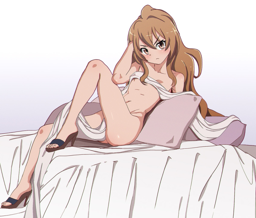 1girl, aisaka_taiga, angry, aruman, ass, bad_id, bad_pixiv_id, bed, breasts, brown_eyes, brown_hair, closed_mouth, covered_erect_nipples, long_hair, looking_at_viewer, nude, on_bed, pillow, sandals, small_breasts, solo, toradora!, wavy_hair