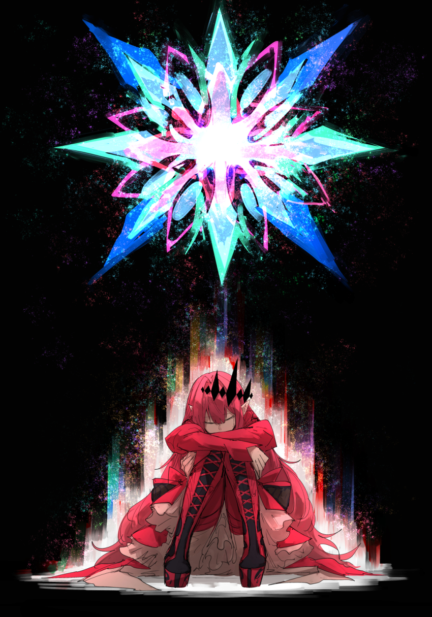 1girl, baobhan_sith_(fate), baobhan_sith_(first_ascension)_(fate), closed_eyes, dress, facing_viewer, fate/grand_order, fate_(series), highres, horns, hugging_own_legs, ikanaide_(vocaloid), kankan33333, long_hair, pink_hair, pointy_ears, red_dress, red_thighhighs, sitting, solo, thighhighs, vocaloid