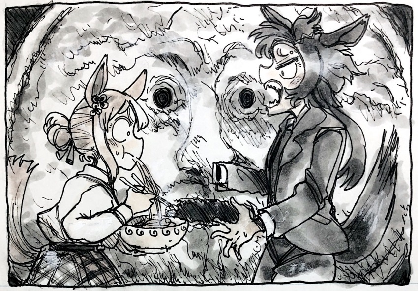 2girls, :t, air_shakur_(umamusume), animal_ears, bocca_della_verita, bowl, cosplay, eating