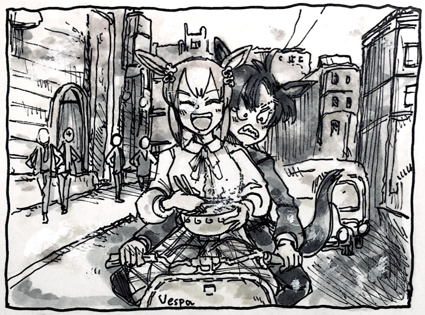 2girls, air_shakur_(umamusume), animal_ears, bowl, car, chopsticks, cityscape, clenched_teeth, closed_eyes, cosplay, eyebrow_piercing, face_piercing, faceless, fine_motion_(umamusume), food, formal_clothes, greyscale, hair_between_eyes, hair_bun, hair_ornament, handlebar, holding, holding_bowl, holding_chopsticks, horse_ears, horse_girl, horse_tail, joe_bradley, joe_bradley_(cosplay), long_hair, long_sleeves, monochrome, morisshii_(morishiey), motor_vehicle, multiple_girls, neck_ribbon, necktie, noodles, open_mouth, parody, people, piercing, ramen, ribbon, riding_scooter, roman_holiday, rome_(city), scene_reference, scooter, sharp_teeth, sidelocks, single_hair_bun, suit, tail, teeth, traditional_media, trait_connection, umamusume, vespa