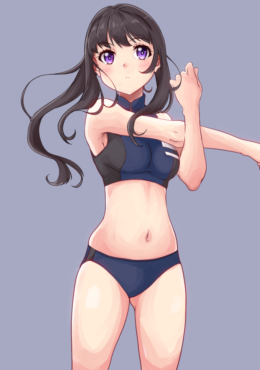 1girl, bare_arms, bare_legs, bare_shoulders, black_hair, breasts, closed_mouth, cowboy_shot, gluteal_fold, highres, inoue_takina, light_blush, long_hair, lycoris_recoil, medium_breasts, midriff, mono9ron, navel, ponytail, purple_eyes, sidelocks, simple_background, sleeveless, solo, sports_bra, sportswear, stretching, swept_bangs, two-tone_sports_bra