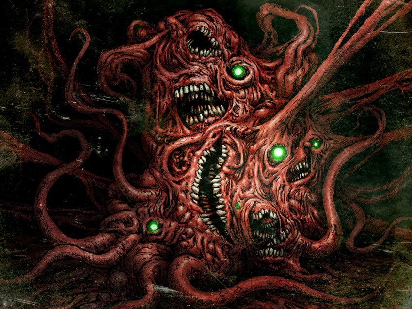 blood, blood_on_teeth, carrion, creature, dark_background, eyeball, glowing, glowing_eyes