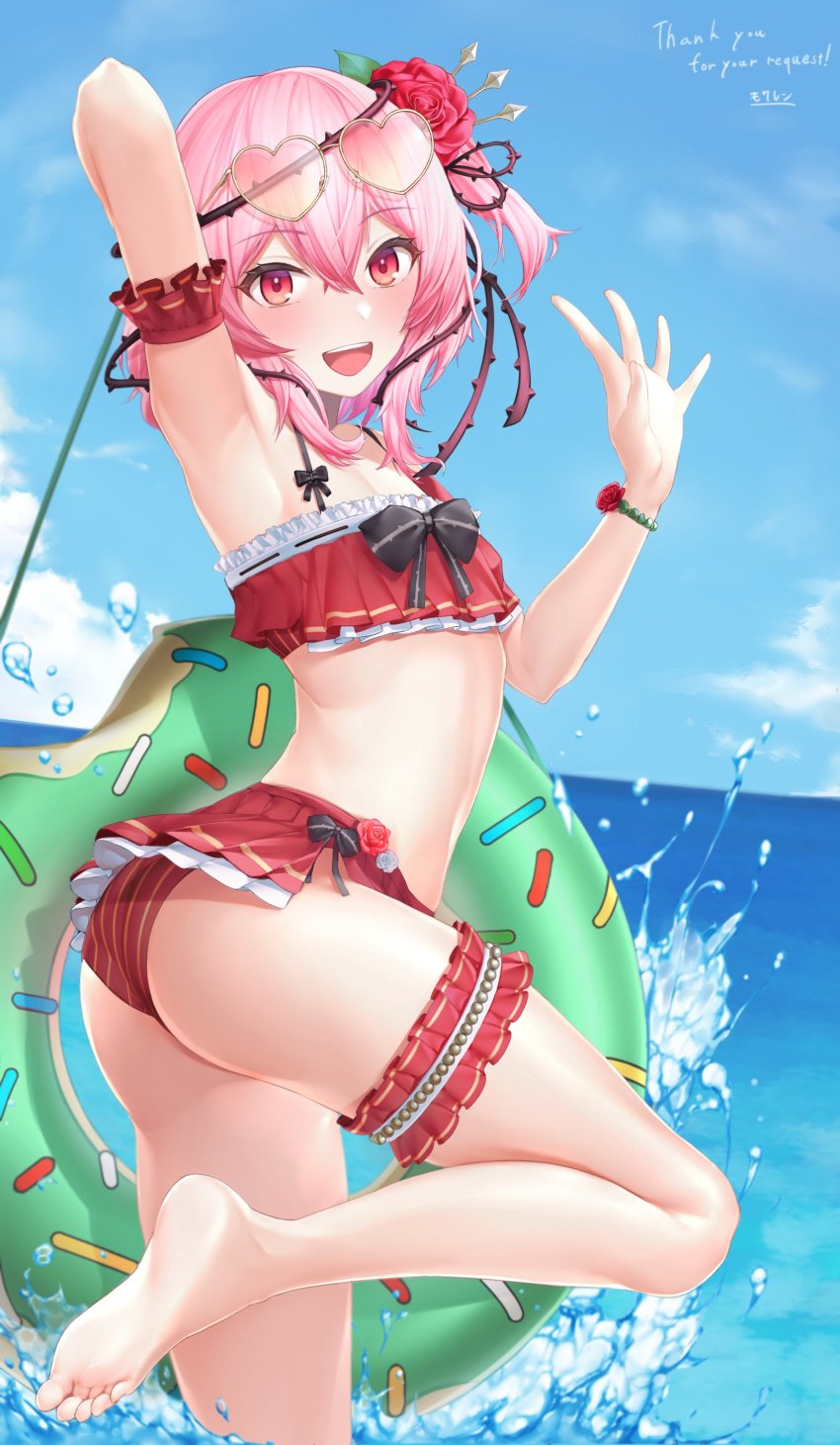 1girl, absurdres, arm_cuffs, armpits, ass, bikini, black_bow, blush, bow, bracelet, breasts, brown_eyes, cleavage, commission, english_text, flat_chest, flower, frilled_bikini, frills, from_behind, hair_flower, hair_ornament, heart, heart-shaped_eyewear, highres, innertube, jewelry, lifebuoy, looking_at_viewer, looking_back, medium_hair, mokuren_(mozukukirai88), multicolored_eyes, navel, nijisanji, nijisanji_en, ocean, pink_eyes, pink_hair, red_bikini, red_flower, red_rose, rose, rosemi_lovelock, second-party_source, short_side_ponytail, side_ponytail, signature, sky, smile, solo, sunglasses, swim_ring, swimsuit, thorns, virtual_youtuber