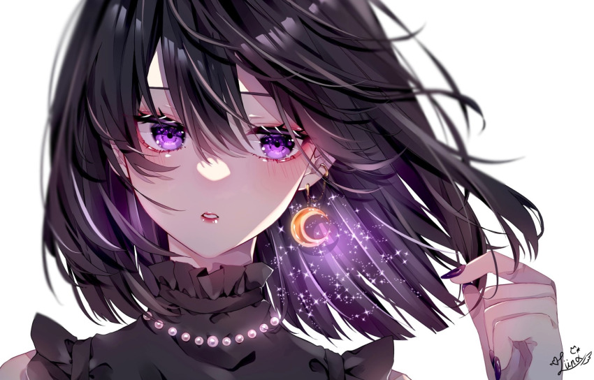 1girl, artist_name, black_dress, black_hair, black_nails, blush, collar, crescent