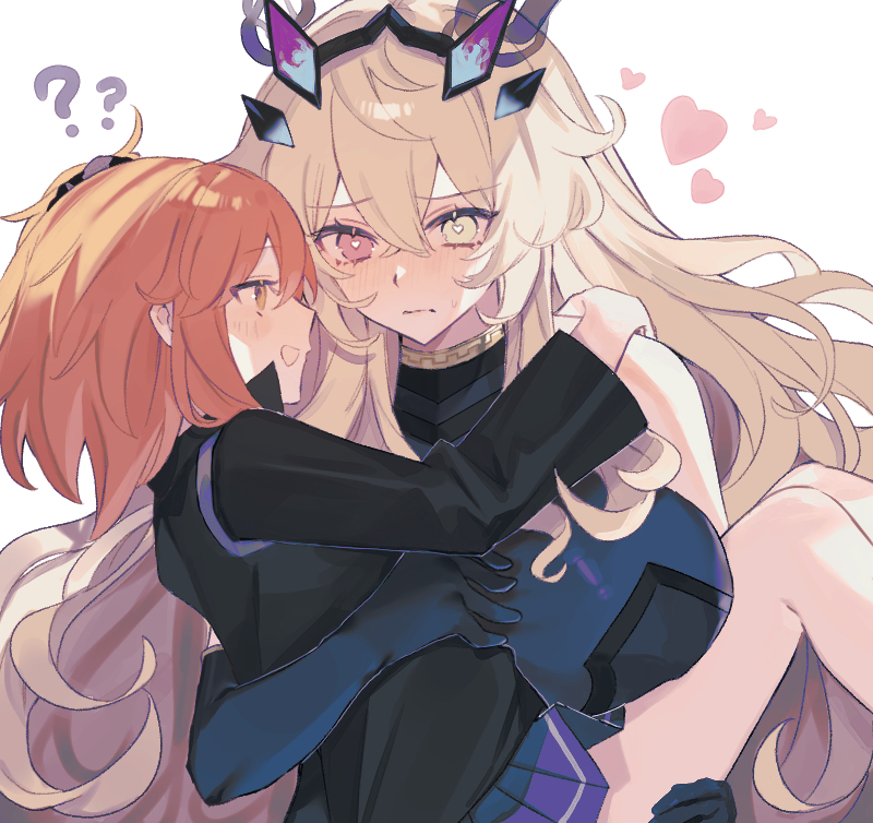 2girls, ?, ??, ahoge, bare_shoulders, black_dress, black_gloves, black_jacket, black_scrunchie, blonde_hair, breasts, carrying, dress, elbow_gloves, barghest_(fate), barghest_(second_ascension)_(fate), fate/grand_order, fate_(series), fujimaru_ritsuka_(female), fujimaru_ritsuka_(female)_(polar_chaldea_uniform), gloves, green_eyes, grey_skirt, hair_ornament, hair_scrunchie, heart, heterochromia, horns, jacket, large_breasts, long_hair, long_sleeves, medium_breasts, multiple_girls, one_side_up, open_mouth, orange_eyes, orange_hair, princess_carry, red_eyes, scrunchie, short_hair, skirt, smile, thighs, uxco0, yuri