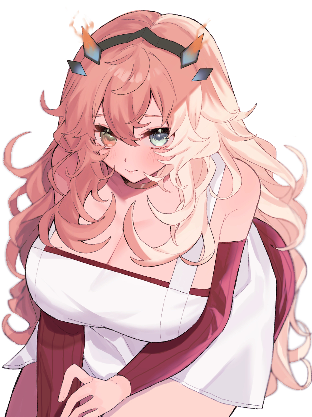 1girl, apron, bare_shoulders, barghest_(fate), barghest_(like_a_lady)_(fate), blonde_hair, blush, breasts