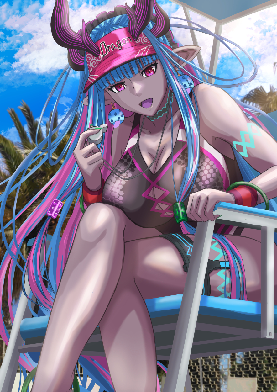 1girl, bare_shoulders, black_one-piece_swimsuit, blue_hair, blush, body_markings, breasts, cleavage