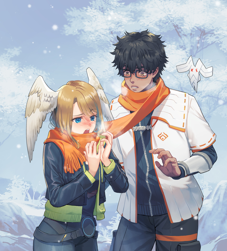 1boy, 1girl, black_hair, black_jacket, blush, breath, brown_hair, cold