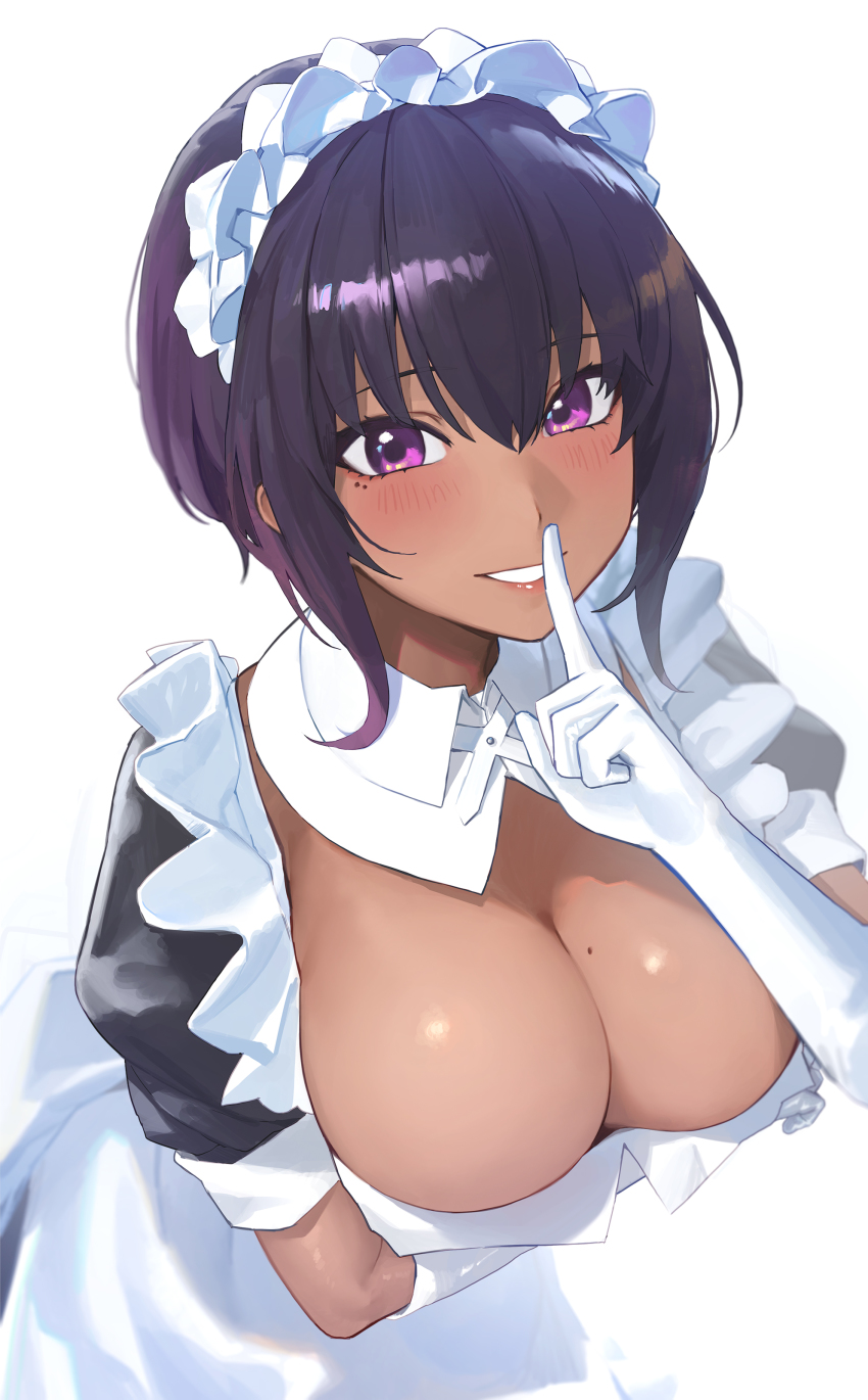1girl, absurdres, apron, black_hair, blush, breast_focus, breasts, cleavage, dark-skinned_female, dark_skin, detached_collar, elbow_gloves, female_focus, finger_to_mouth, frilled_apron, frills, gloves, highres, large_breasts, lilith_(saikin_yatotta_maid_ga_ayashii), lips, looking_at_another, maid, maid_apron, maid_headdress, mole, mole_on_breast, mole_under_eye, puffy_short_sleeves, puffy_sleeves, purple_eyes, saikin_yatotta_maid_ga_ayashii, short_hair, short_hair_with_long_locks, short_sleeves, shushing, smile, so_shio, solo, white_apron, white_gloves, white_headdress