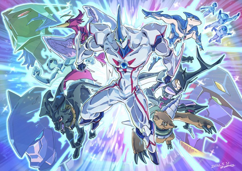 6+boys, alien, aqua_eyes, beak, bug, cape, claws, commentary