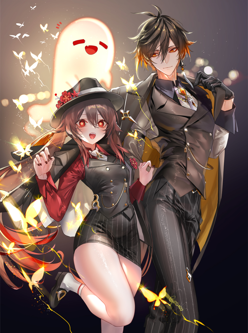 1boy, 1girl, :d, absurdres, aegyo_sal, alternate_costume, black_background, black_footwear