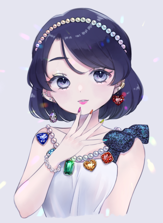 1girl, alternate_costume, blue_hair, bracelet, collarbone, commentary, dress, earrings