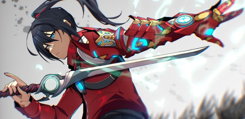 1boy, black_hair, blue_eyes, energy, holding, holding_sword, holding_weapon, jacket