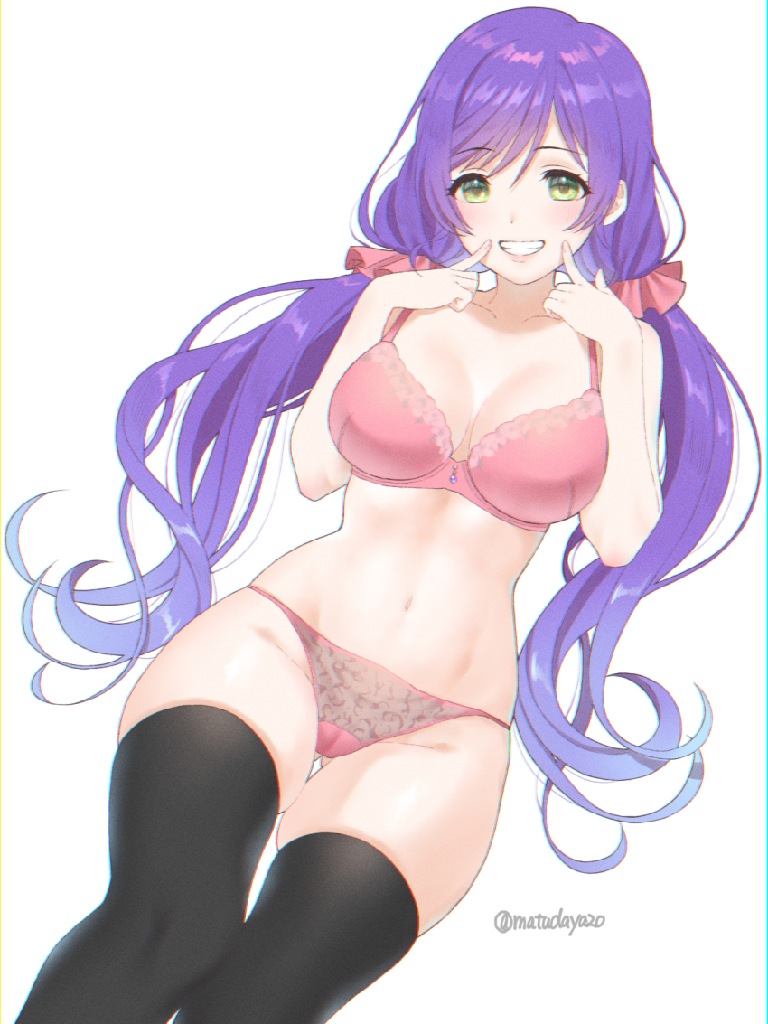 1girl, bare_shoulders, black_thighhighs, blush, bra, breasts, cleavage, collarbone, feet_out_of_frame, gluteal_fold, green_eyes, grin, groin, highres, large_breasts, lips, long_hair, looking_at_viewer, love_live!, love_live!_school_idol_project, low_twintails, matuda_(matudayazo), navel, open_mouth, panties, pink_bra, pink_panties, pointing, pointing_at_self, purple_hair, sidelocks, skindentation, smile, solo, teeth, thighhighs, thighs, tojo_nozomi, twintails, twitter_username, underwear, underwear_only, white_background