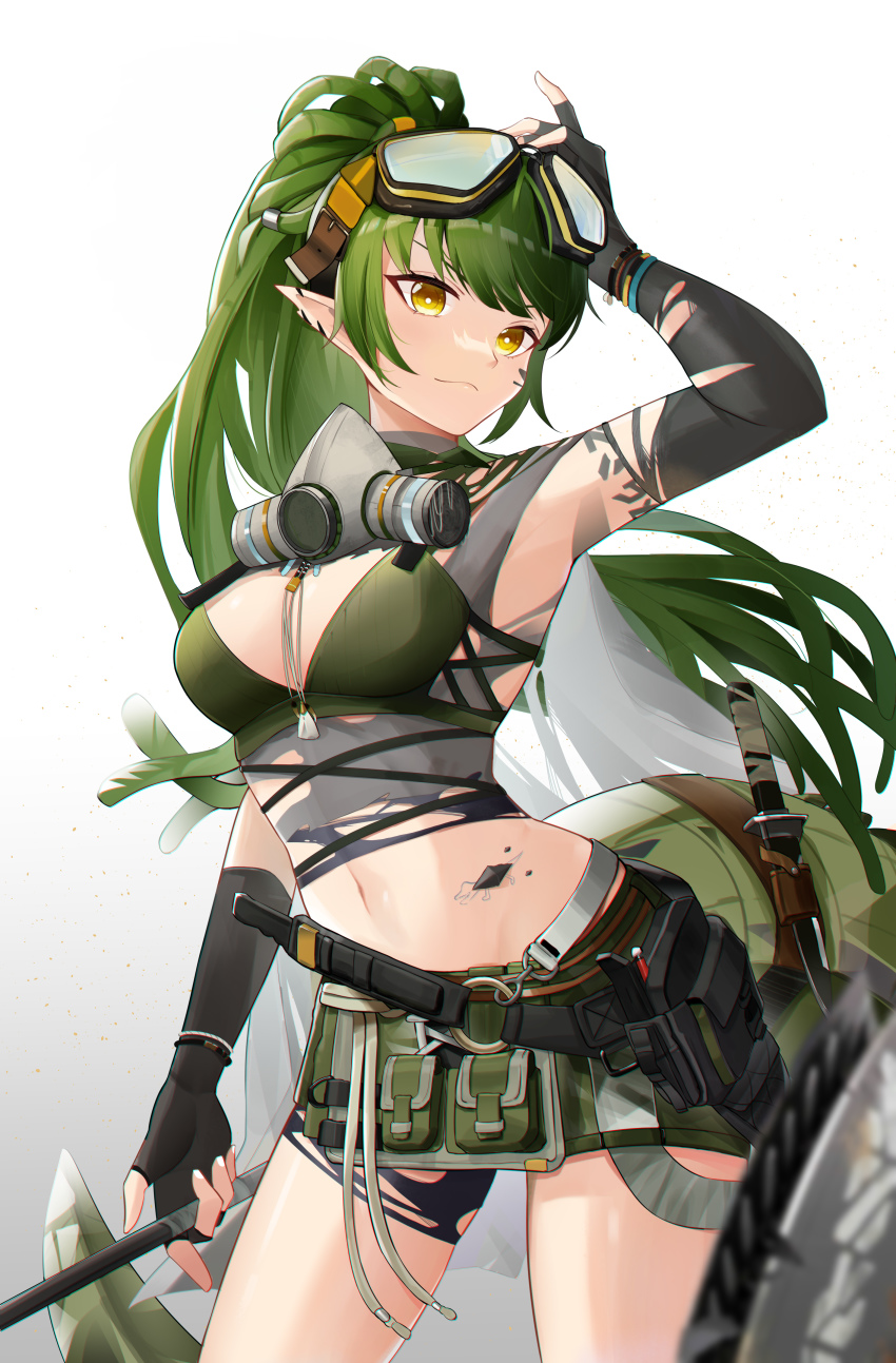1girl, absurdres, arknights, arm_up, asymmetrical_gloves, bai_shiro@, black_gloves, breasts
